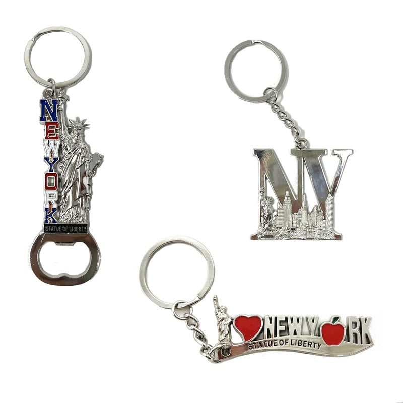 TSY TOOL 12 Pack Silver NYC Souvenir Collection New York Metal Keychain Ring Bundle Bulk Includes Empire State, Freedom Tower, Statue Of Liberty, USA Flag,NY Cab, Apple, 3 Pc Bottle Opener too And More - Image 3